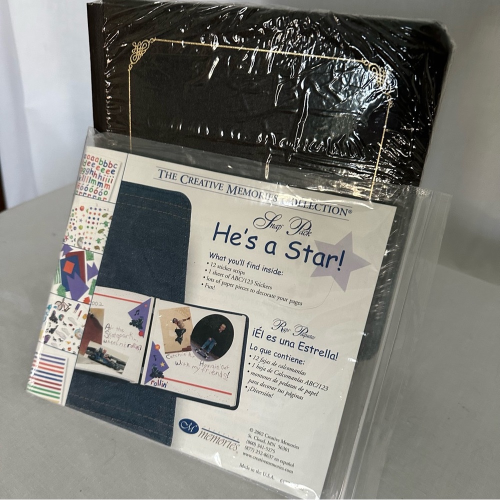 Creative Memories black 7 x 7 gold trim original wrap with He’s star snap pack